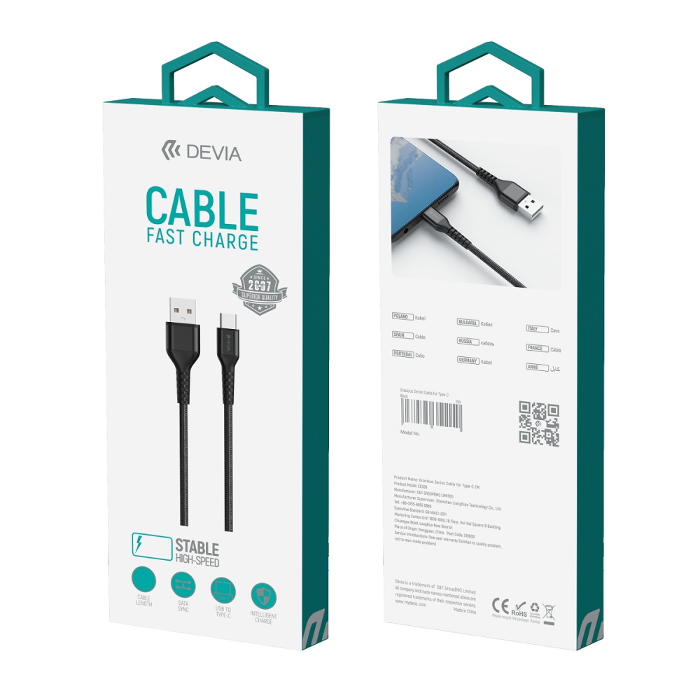 Devia kábel Gracious EC303 USB - USB-C 1,0 m 2,4A fekete
