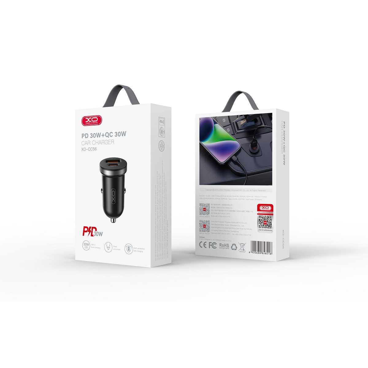 XO autós töltő CC56 PD 30W QC 1x USB 1x USB-C fekete