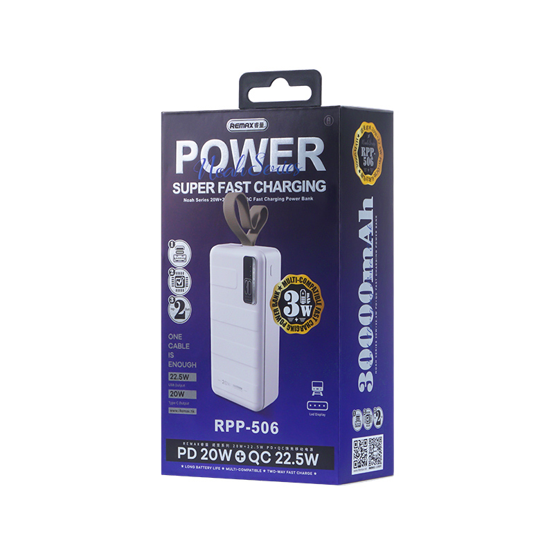 REMAX power bank 30000mAh RPP-506 Noah - USB + Type C - PD 20W QC 22,5W fehér