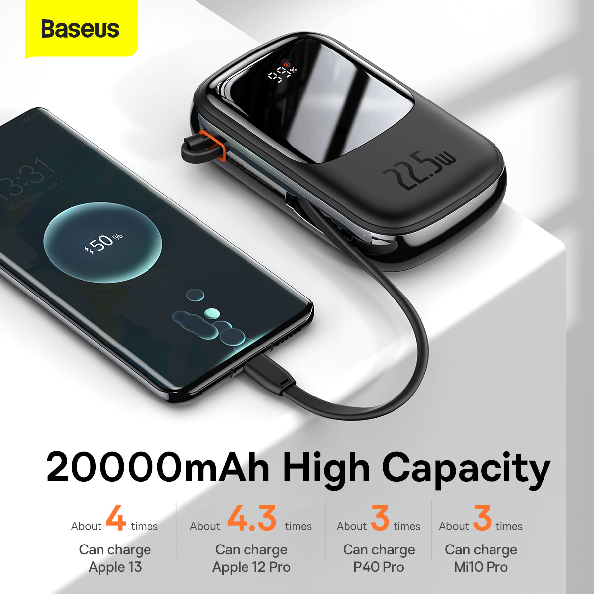 Baseus power bank 20000mAh Qpow Pro - USB + Type C - PD 22,5W Type C kábellel (PPQD060301) fekete