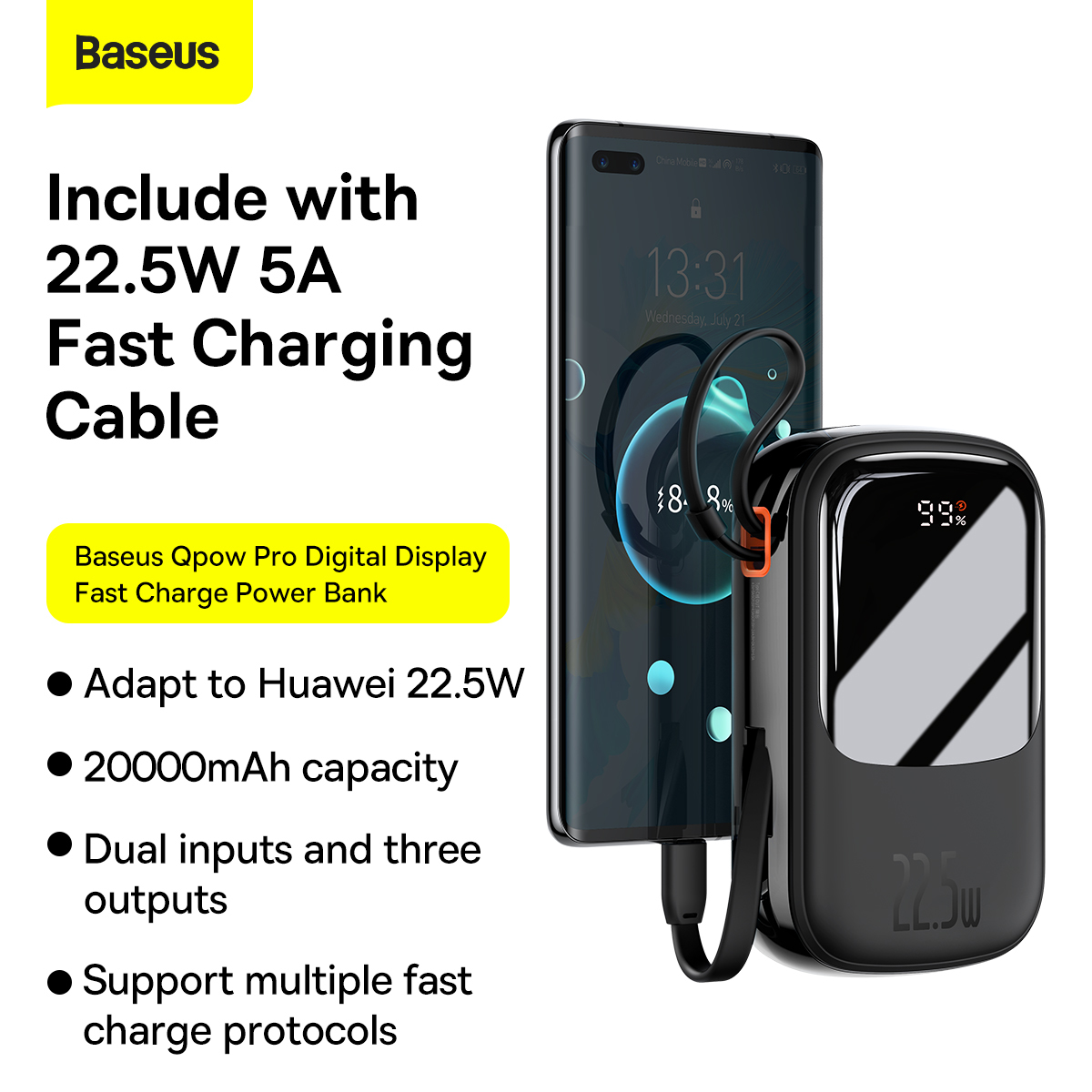 Baseus power bank 20000mAh Qpow Pro - USB + Type C - PD 22,5W Type C kábellel (PPQD060301) fekete