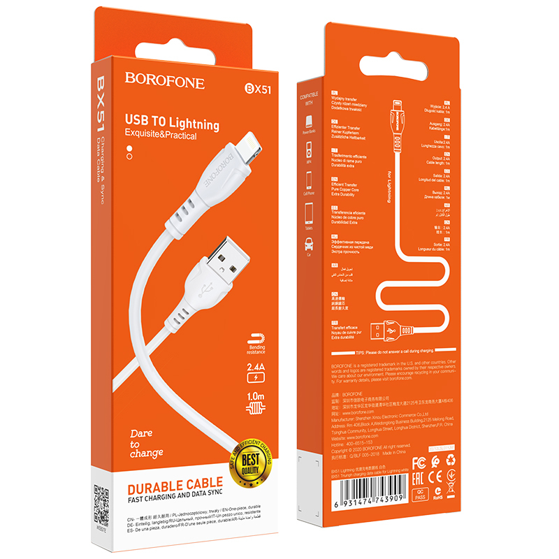 Borofone kábel BX51 Triumph - USB - Lightning - 2,4A 1 méter fehér