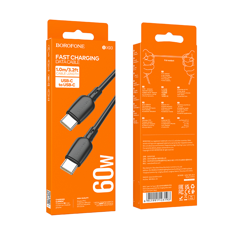 Borofone kábel BX93 Super Power - Type C - Type C - 60W 3A 1 méter fekete