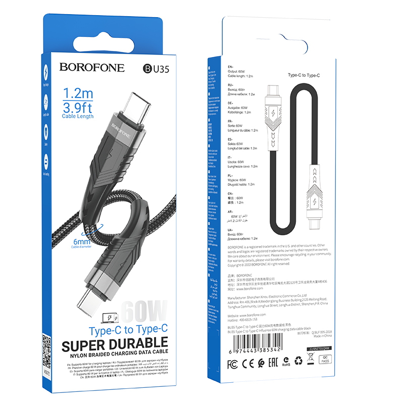 Borofone kábel BU35 Influence - Type C - Type C - 60W 3A 1,2 méter fekete