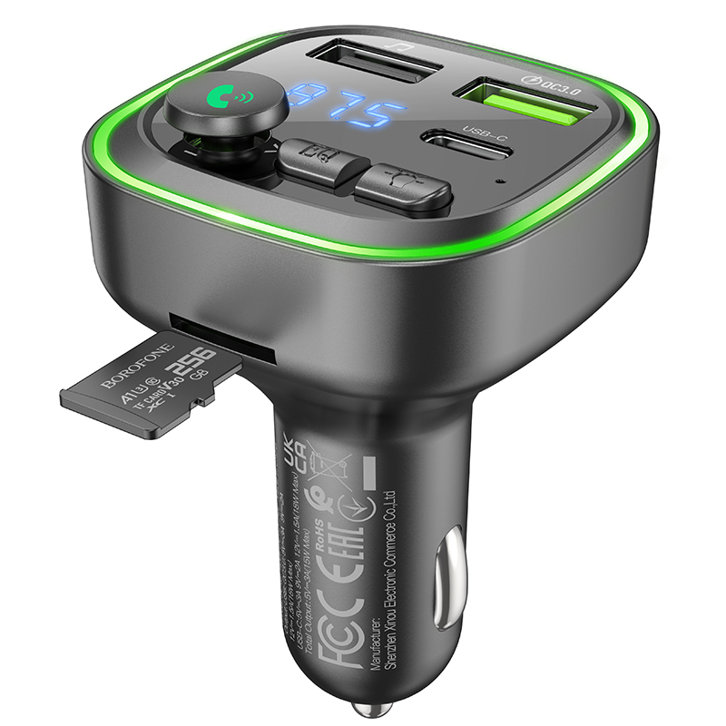 Borofone FM Transzmitter BC48 Broad MP3, Bluetooth - 2xUSB + Type C - QC 3.0 18W fekete