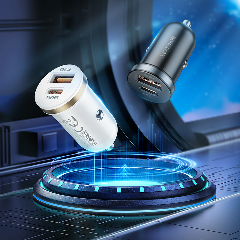 Borofone autós töltő BZ22 Scenery - USB + Type C - QC 3.0 PD 30W fehér