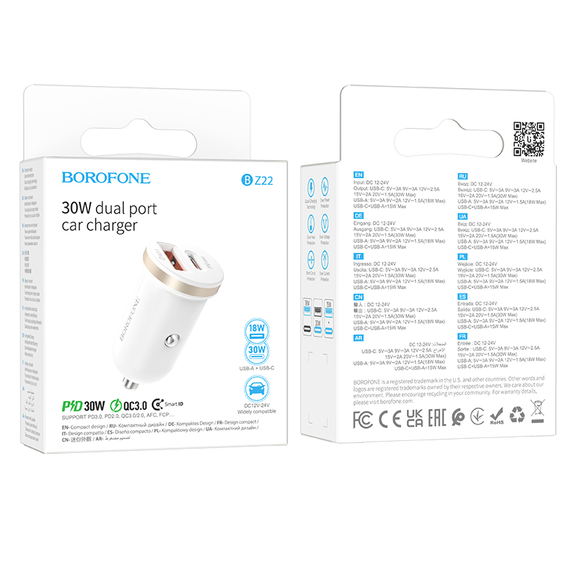 Borofone autós töltő BZ22 Scenery - USB + Type C - QC 3.0 PD 30W fehér