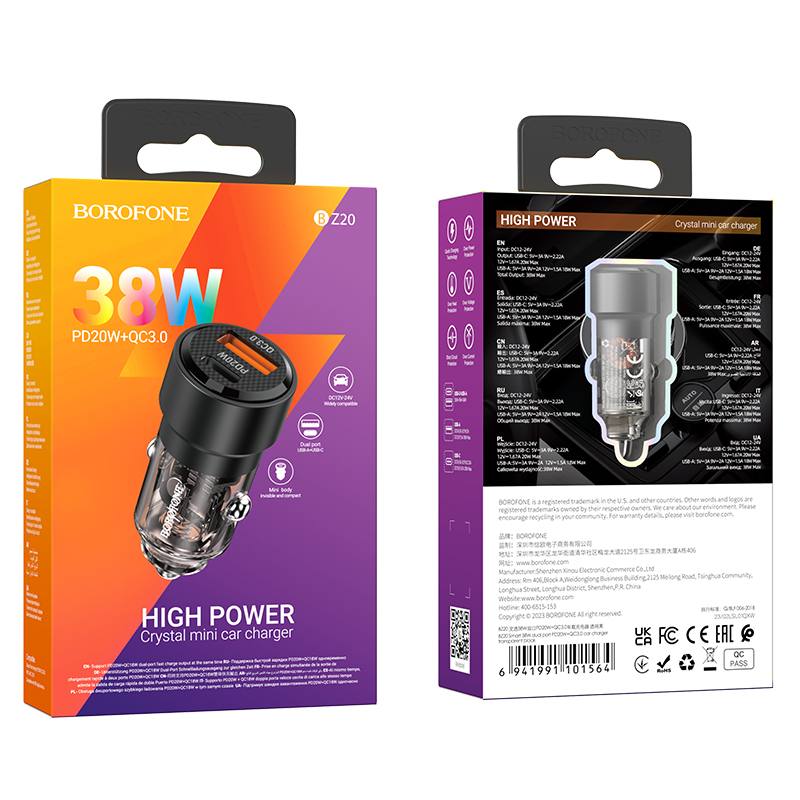Borofone autós töltő BZ20 Smart - USB + Type C - QC 3.0 PD 38W fekete