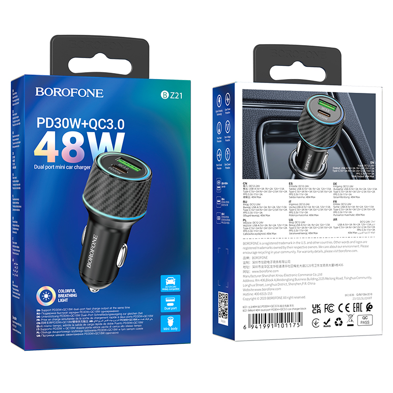Borofone autós töltő BZ21 Brilliant - USB + Type C - QC 3.0 PD 48W fekete