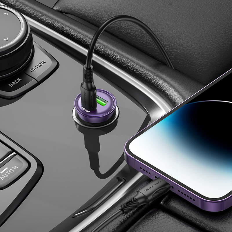 Borofone autós töltő BZ26A Shadow - USB + Type C - PD 43W 3A átlátszó-lila