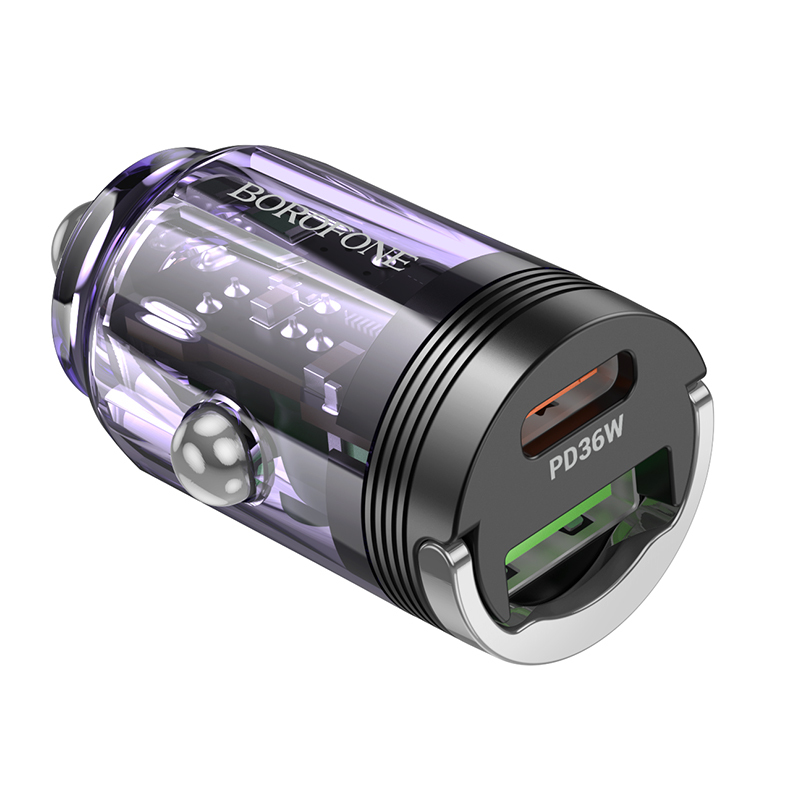Borofone autós töltő BZ29A Talented - USB + Type C - QC 3.0 PD 36W 3A átlátszó-lila