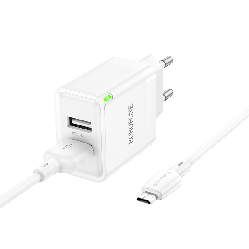Borofone fali töltő BN15 Strong - 2xUSB - 2,1A USB - Micro USB kábellel fehér