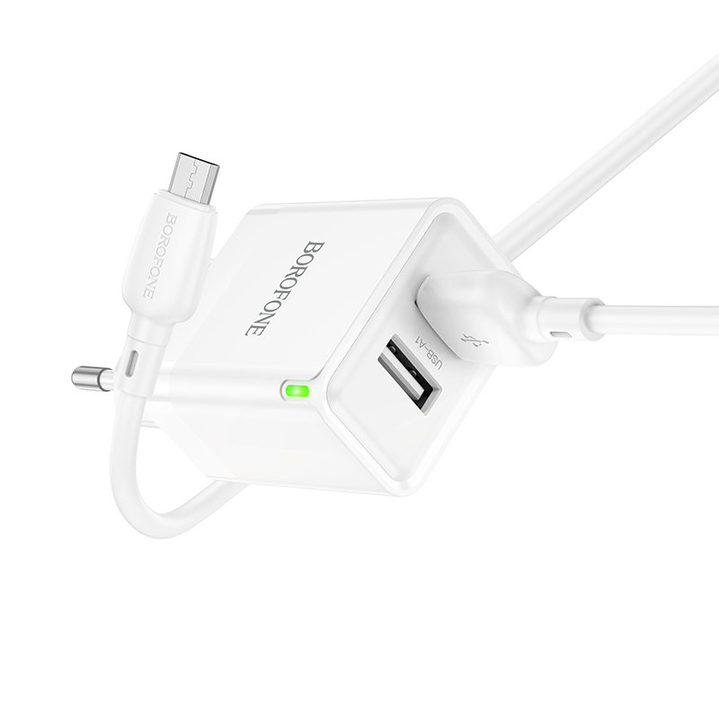 Borofone fali töltő BN15 Strong - 2xUSB - 2,1A USB - Micro USB kábellel fehér