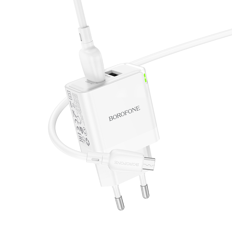 Borofone fali töltő BN15 Strong - 2xUSB - 2,1A USB - Micro USB kábellel fehér