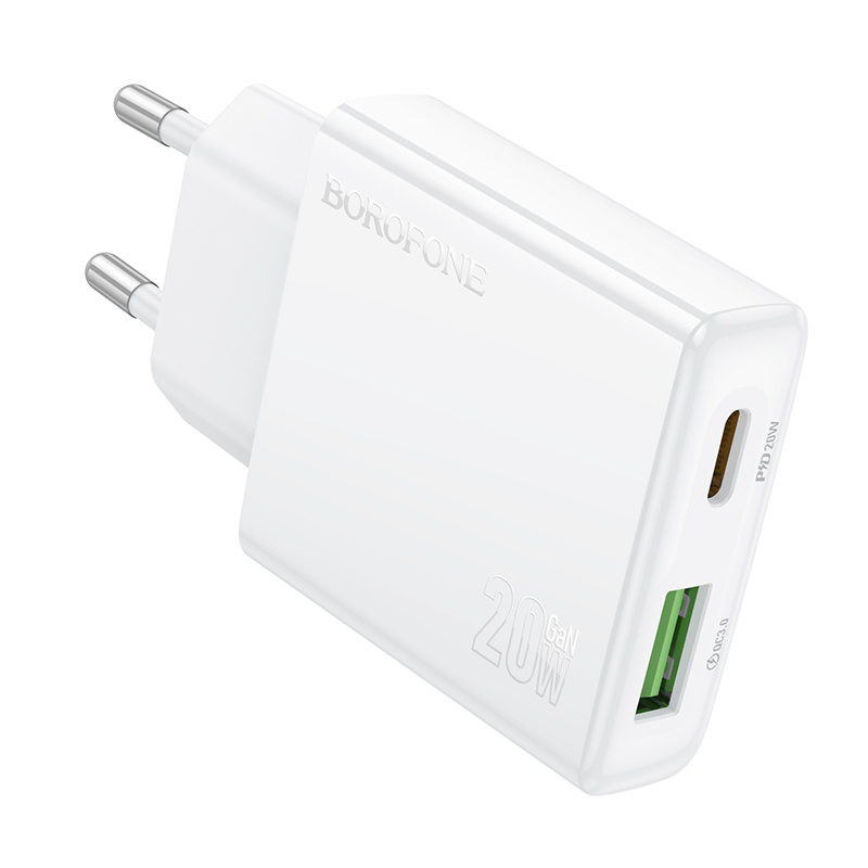 Borofone fali töltő BN24 Wish (Ultra Thin) - USB + Type C - PD QC 3.0 20W fehér