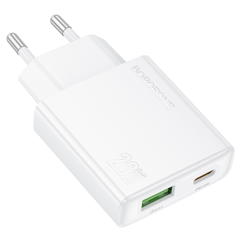 Borofone fali töltő BN24 Wish (Ultra Thin) - USB + Type C - PD QC 3.0 20W fehér