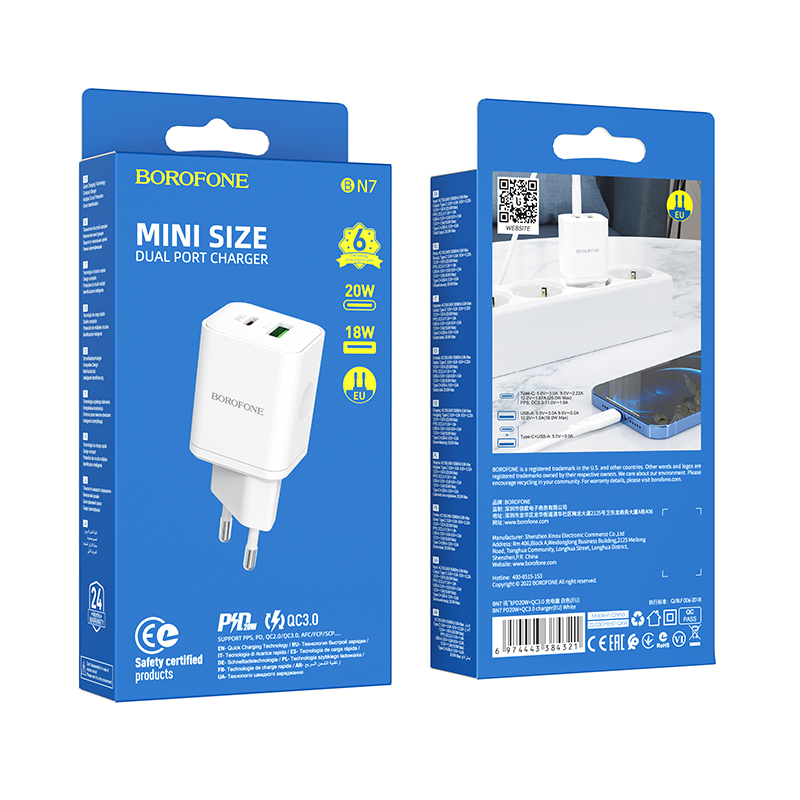 Borofone fali töltő BN7 - USB + Type C - QC 3.0 PD 20W fehér