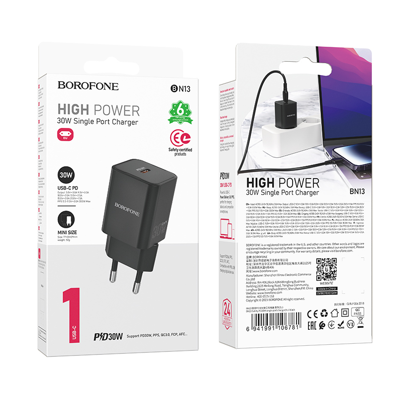 Borofone fali töltő BN13 Safety GaN - Type C - PD 30W fekete