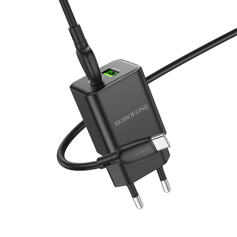 Borofone fali töltő BN14 Royal GaN - USB + Type C - QC 3.0 PD 30W Type C - Type C kábellel fekete