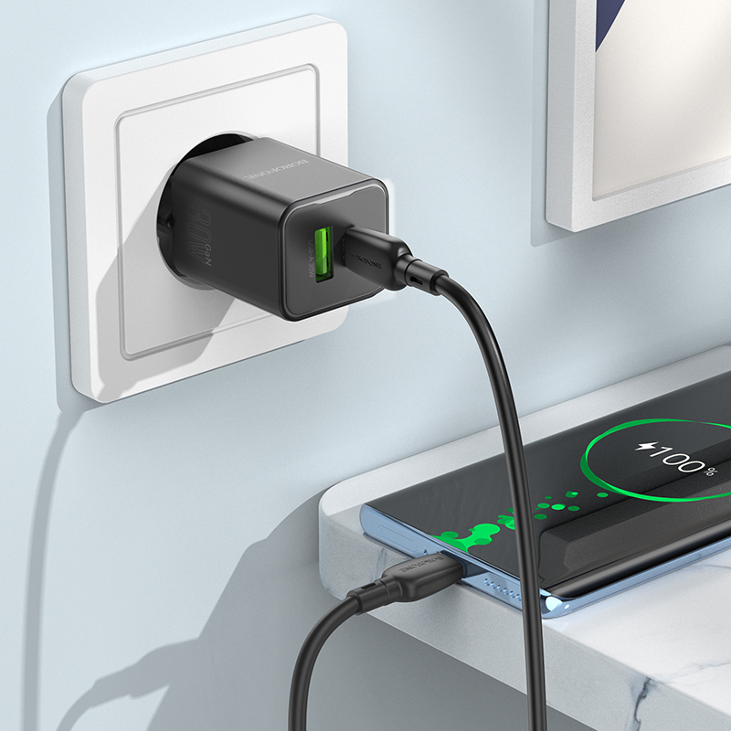 Borofone fali töltő BN14 Royal GaN - USB + Type C - QC 3.0 PD 30W Type C - Type C kábellel fekete