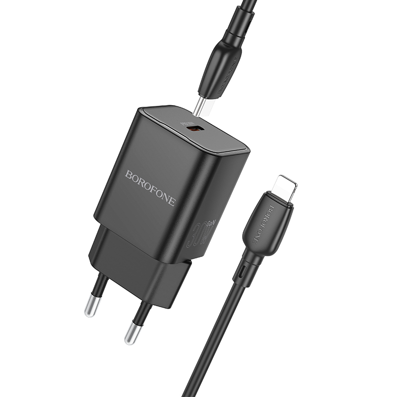 Borofone fali töltő BN13 Safety GaN - Type C - PD 30W Type C - Lightning kábellel fekete