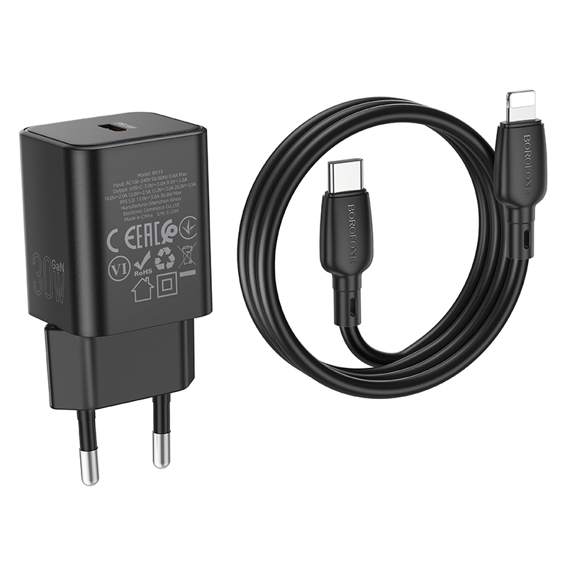 Borofone fali töltő BN13 Safety GaN - Type C - PD 30W Type C - Lightning kábellel fekete