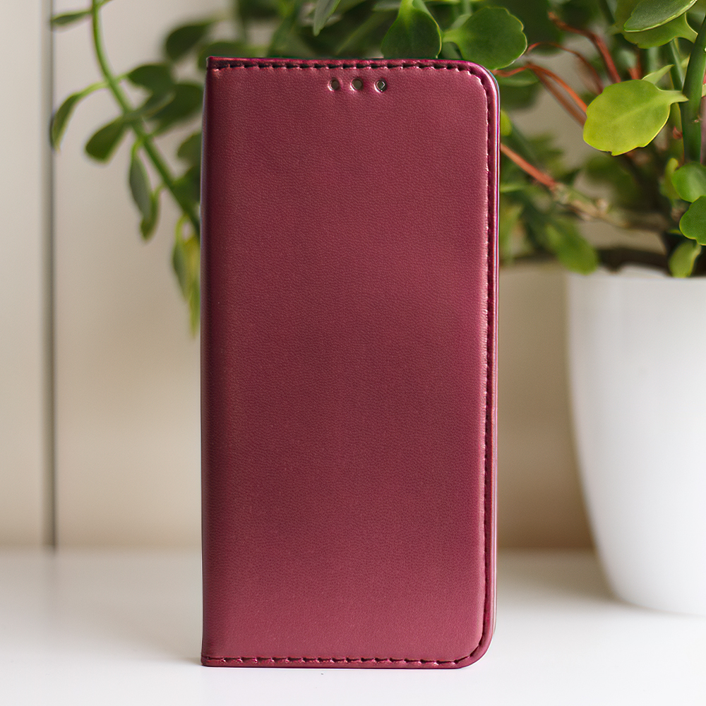 iPhone 16 Pro burgundy mágneses könyvtok bőr hatású, SMART