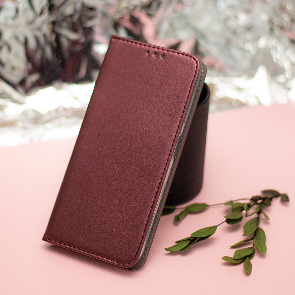 iPhone 14 burgundy mágneses könyvtok bőr hatású, SMART