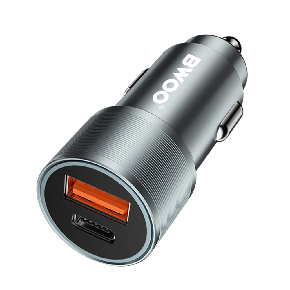 BWOO 38W gyors autós töltő, BO-CC73, QC 18W + PD 20W, szürke-ezüst